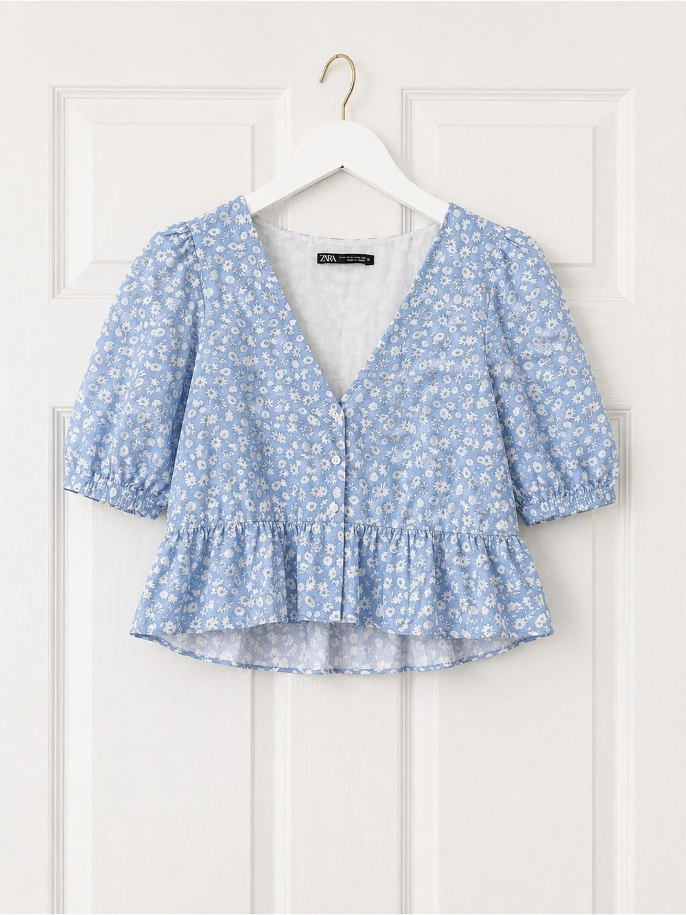 Zara Light Blue and White Floral Top Puff Sleeve Coastal Granddaughter XS